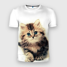 Мужская футболка 3D Slim с принтом катёнок в Кировске, 100% полиэстер с улучшенными характеристиками | приталенный силуэт, круглая горловина, широкие плечи, сужается к линии бедра | Тематика изображения на принте: cute kitten | kitten | котёнок | красивый котёнок | милый котёнок
