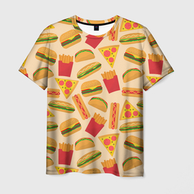 Мужская футболка 3D с принтом Фастфуд в Тюмени, 100% полиэфир | прямой крой, круглый вырез горловины, длина до линии бедер | бургер | еда | картошка фри | пицца | такос | фастфуд | хот дог