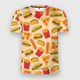 Мужская футболка 3D спортивная с принтом Фастфуд в Новосибирске, 100% полиэстер с улучшенными характеристиками | приталенный силуэт, круглая горловина, широкие плечи, сужается к линии бедра | бургер | еда | картошка фри | пицца | такос | фастфуд | хот дог