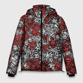 Мужская зимняя куртка 3D с принтом Красные и Белые самураи в Курске, верх — 100% полиэстер; подкладка — 100% полиэстер; утеплитель — 100% полиэстер | длина ниже бедра, свободный силуэт Оверсайз. Есть воротник-стойка, отстегивающийся капюшон и ветрозащитная планка. 

Боковые карманы с листочкой на кнопках и внутренний карман на молнии. | bushido | samurai | белый | бусидо | воин | демон | красный | маска | паттерн | самурай | сёгун | япония