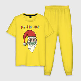 Мужская пижама хлопок с принтом ho-ho-ho в Кировске, 100% хлопок | брюки и футболка прямого кроя, без карманов, на брюках мягкая резинка на поясе и по низу штанин
 | 2021 | covid | дед мороз  в маске | ковид | новогодний прикол | новый год | санта