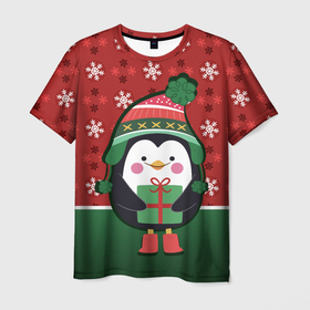 Мужская футболка 3D с принтом Пингвин. Новый год , 100% полиэфир | прямой крой, круглый вырез горловины, длина до линии бедер | зима | новый год | паттерн | пингвин | подарок | праздник | снежинки