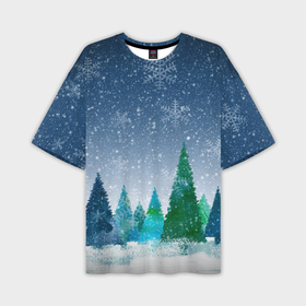 Мужская футболка OVERSIZE 3D с принтом Снежинки в лесу в Екатеринбурге,  |  | winter | елки | елки в лесу | зимний лес | новогодняя | новый год | снежинки