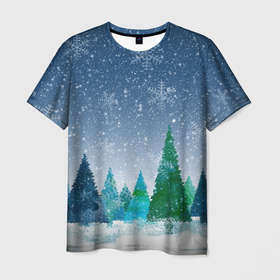 Мужская футболка 3D с принтом Снежинки в лесу в Белгороде, 100% полиэфир | прямой крой, круглый вырез горловины, длина до линии бедер | winter | елки | елки в лесу | зимний лес | новогодняя | новый год | снежинки
