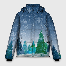 Мужская зимняя куртка 3D с принтом Снежинки в лесу в Кировске, верх — 100% полиэстер; подкладка — 100% полиэстер; утеплитель — 100% полиэстер | длина ниже бедра, свободный силуэт Оверсайз. Есть воротник-стойка, отстегивающийся капюшон и ветрозащитная планка. 

Боковые карманы с листочкой на кнопках и внутренний карман на молнии. | winter | елки | елки в лесу | зимний лес | новогодняя | новый год | снежинки