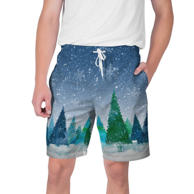 Мужские шорты 3D с принтом Снежинки в лесу ,  полиэстер 100% | прямой крой, два кармана без застежек по бокам. Мягкая трикотажная резинка на поясе, внутри которой широкие завязки. Длина чуть выше колен | winter | елки | елки в лесу | зимний лес | новогодняя | новый год | снежинки