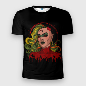 Мужская футболка 3D спортивная с принтом Ведьма в Белгороде, 100% полиэстер с улучшенными характеристиками | приталенный силуэт, круглая горловина, широкие плечи, сужается к линии бедра | 666 | blood | dracula | girl | girls | horror | inside | scream | vampire | witch | вампир | ведьма | внутри | дракула | древний | крик | кровь | ужасы | хоррор