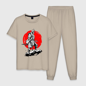 Мужская пижама хлопок с принтом САМУРАЙ , 100% хлопок | брюки и футболка прямого кроя, без карманов, на брюках мягкая резинка на поясе и по низу штанин
 | ninja | oni | samurai | shogun | путь воина. | самурай | самурай на коне | сёгун | токио | харакири | чёрный самурай | японский самурай