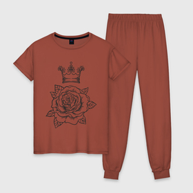 Женская пижама хлопок с принтом Роза и корона в Кировске, 100% хлопок | брюки и футболка прямого кроя, без карманов, на брюках мягкая резинка на поясе и по низу штанин | королева | корона | роза | цветок