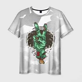 Мужская футболка 3D с принтом Zombie peace hand в Курске, 100% полиэфир | прямой крой, круглый вырез горловины, длина до линии бедер | creepy | dead | evil | halloween | hand | zombie | зомби | кости | мертвец | рука | скелет | ужас | ужасы | хоррор | хоррор мерч | хэллоуин