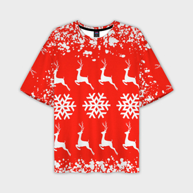 Мужская футболка OVERSIZE 3D с принтом New Year в Екатеринбурге,  |  | Тематика изображения на принте: christmas toys | deer | new year | red | snow | snowflakes | tree | елка | красный | новогодние игрушки | новый год | олени | свитер с оленями | снег | снежинки | футболка с оленями