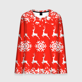 Мужской лонгслив 3D с принтом New Year в Курске, 100% полиэстер | длинные рукава, круглый вырез горловины, полуприлегающий силуэт | christmas toys | deer | new year | red | snow | snowflakes | tree | елка | красный | новогодние игрушки | новый год | олени | свитер с оленями | снег | снежинки | футболка с оленями