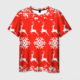 Мужская футболка 3D с принтом New Year в Тюмени, 100% полиэфир | прямой крой, круглый вырез горловины, длина до линии бедер | christmas toys | deer | new year | red | snow | snowflakes | tree | елка | красный | новогодние игрушки | новый год | олени | свитер с оленями | снег | снежинки | футболка с оленями