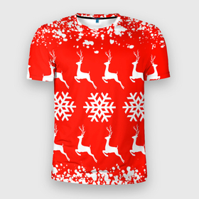 Мужская футболка 3D спортивная с принтом New Year , 100% полиэстер с улучшенными характеристиками | приталенный силуэт, круглая горловина, широкие плечи, сужается к линии бедра | Тематика изображения на принте: christmas toys | deer | new year | red | snow | snowflakes | tree | елка | красный | новогодние игрушки | новый год | олени | свитер с оленями | снег | снежинки | футболка с оленями