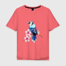 Мужская футболка хлопок Oversize с принтом Сойка на ветке в Тюмени, 100% хлопок | свободный крой, круглый ворот, “спинка” длиннее передней части | арт | ветка дерева | веточка | веточка дерева | голубая сойка | рисунок | розовые цветы | розовый цветок | сакура | синяя птица ветка | синяя сойка | сойка | цветок | цветы