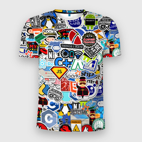 Мужская футболка 3D спортивная с принтом Programming stickers в Курске, 100% полиэстер с улучшенными характеристиками | приталенный силуэт, круглая горловина, широкие плечи, сужается к линии бедра | css | it | linux | programming | wi fi | код | компьютер | линукс | программирование | профессия | стикер бомбинг
