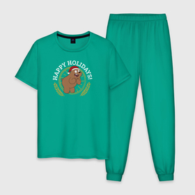 Мужская пижама хлопок с принтом Happy holidays! в Тюмени, 100% хлопок | брюки и футболка прямого кроя, без карманов, на брюках мягкая резинка на поясе и по низу штанин
 | cartoon network | grizz | vdkimel | we bare bears | вся правда о медведях | гризли
