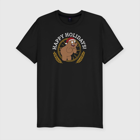 Мужская футболка хлопок Slim с принтом Happy holidays! в Кировске, 92% хлопок, 8% лайкра | приталенный силуэт, круглый вырез ворота, длина до линии бедра, короткий рукав | cartoon network | grizz | vdkimel | we bare bears | вся правда о медведях | гризли