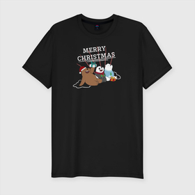Мужская футболка хлопок Slim с принтом Merry christmas в Тюмени, 92% хлопок, 8% лайкра | приталенный силуэт, круглый вырез ворота, длина до линии бедра, короткий рукав | cartoon network | grizz | icebear | panda | vdkimel | we bare bears | белый | вся правда о медведях | гризли | панда