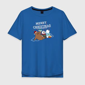 Мужская футболка хлопок Oversize с принтом Merry christmas , 100% хлопок | свободный крой, круглый ворот, “спинка” длиннее передней части | Тематика изображения на принте: cartoon network | grizz | icebear | panda | vdkimel | we bare bears | белый | вся правда о медведях | гризли | панда