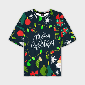 Мужская футболка OVERSIZE 3D с принтом Merry Christmas ,  |  | Тематика изображения на принте: 2020 | 2021 | new year | гирлянда | дед мороз | елка | зеленый | игрушка | клаус | конфеты | нг | новый год | носок | перчатка | подарок | рождество | с | санта | сладости | снег | снеговик | снежинка | шапка | шары