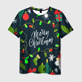 Мужская футболка 3D с принтом Merry Christmas в Тюмени, 100% полиэфир | прямой крой, круглый вырез горловины, длина до линии бедер | 2020 | 2021 | new year | гирлянда | дед мороз | елка | зеленый | игрушка | клаус | конфеты | нг | новый год | носок | перчатка | подарок | рождество | с | санта | сладости | снег | снеговик | снежинка | шапка | шары
