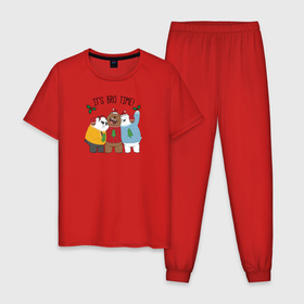 Мужская пижама хлопок с принтом Its bro time! в Екатеринбурге, 100% хлопок | брюки и футболка прямого кроя, без карманов, на брюках мягкая резинка на поясе и по низу штанин
 | Тематика изображения на принте: cartoon network | grizz | icebear | panda | vdkimel | we bare bears | белый | вся правда о медведях | гризли | панда