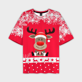 Мужская футболка OVERSIZE 3D с принтом Олень с подарком в Екатеринбурге,  |  | 2021 | new year | деда мороза | к нам приходит | клауса | костюм | новогодний | новый год | праздник | рождество | рудольф | санты | снег | снежинки | снежок | узор
