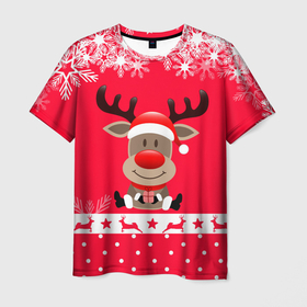 Мужская футболка 3D с принтом Олень с подарком в Новосибирске, 100% полиэфир | прямой крой, круглый вырез горловины, длина до линии бедер | 2021 | new year | деда мороза | к нам приходит | клауса | костюм | новогодний | новый год | праздник | рождество | рудольф | санты | снег | снежинки | снежок | узор