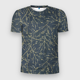Мужская футболка 3D Slim с принтом Веточки в Петрозаводске, 100% полиэстер с улучшенными характеристиками | приталенный силуэт, круглая горловина, широкие плечи, сужается к линии бедра | верба | ветка | кустик | листочки | паттерн вербы