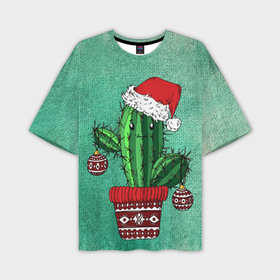 Мужская футболка OVERSIZE 3D с принтом Кактус Санта в Белгороде,  |  | Тематика изображения на принте: new year | арт | графика | дед мороз | зима | новый год | рождество | санта