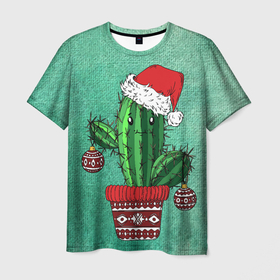 Мужская футболка 3D с принтом Кактус Санта в Белгороде, 100% полиэфир | прямой крой, круглый вырез горловины, длина до линии бедер | Тематика изображения на принте: new year | арт | графика | дед мороз | зима | новый год | рождество | санта
