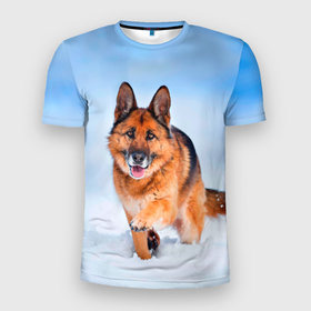 Мужская футболка 3D Slim с принтом Овчарка и снег в Новосибирске, 100% полиэстер с улучшенными характеристиками | приталенный силуэт, круглая горловина, широкие плечи, сужается к линии бедра | dog | животные | зима | овчарка | пес | природа | снег | собака | собаки | собакчка | собачки