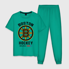 Мужская пижама хлопок с принтом BOSTON BRUINS NHL в Санкт-Петербурге, 100% хлопок | брюки и футболка прямого кроя, без карманов, на брюках мягкая резинка на поясе и по низу штанин
 | black | boston | bruins | hockey | ice | logo | nhl | sport | usa | бостон | брюинз | кубок | логотип | нхл | спорт | стэнли | хоккей