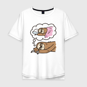 Мужская футболка хлопок Oversize с принтом Сон ленивца в Тюмени, 100% хлопок | свободный крой, круглый ворот, “спинка” длиннее передней части | ленивец | ленивец спит | лень | мечтаю спать | настоящая лень | снится сон | сон во сне | сон ленивца