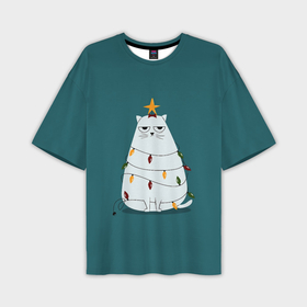 Мужская футболка OVERSIZE 3D с принтом Кото ёлка в Тюмени,  |  | Тематика изображения на принте: claus | happy new year | merry christmas | santa | snowman | дед мороз | елка | клаус | новый год | рождество | с новым годом | санта | снеговик