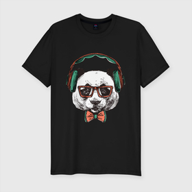 Мужская футболка хлопок Slim с принтом панда хипстер в Санкт-Петербурге, 92% хлопок, 8% лайкра | приталенный силуэт, круглый вырез ворота, длина до линии бедра, короткий рукав | винтаж | медведь | меломан | наушники | очки | панда | ретро | хипстер