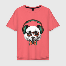 Мужская футболка хлопок Oversize с принтом панда хипстер в Тюмени, 100% хлопок | свободный крой, круглый ворот, “спинка” длиннее передней части | винтаж | медведь | меломан | наушники | очки | панда | ретро | хипстер