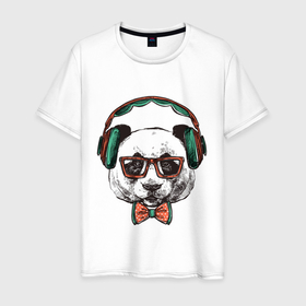 Мужская футболка хлопок с принтом панда хипстер в Санкт-Петербурге, 100% хлопок | прямой крой, круглый вырез горловины, длина до линии бедер, слегка спущенное плечо. | винтаж | медведь | меломан | наушники | очки | панда | ретро | хипстер