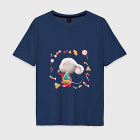Мужская футболка хлопок Oversize с принтом Мышонок сластёна пирожным в Санкт-Петербурге, 100% хлопок | свободный крой, круглый ворот, “спинка” длиннее передней части | 