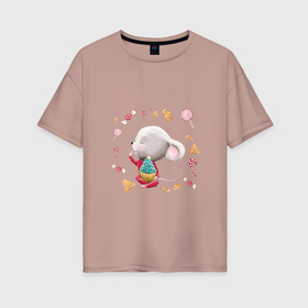 Женская футболка хлопок Oversize с принтом Мышонок сластёна пирожным в Тюмени, 100% хлопок | свободный крой, круглый ворот, спущенный рукав, длина до линии бедер
 | 