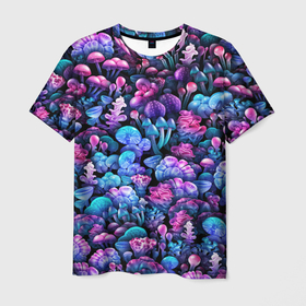 Мужская футболка 3D с принтом Волшебные грибы , 100% полиэфир | прямой крой, круглый вырез горловины, длина до линии бедер | neon | гриб | грибник | грибочки | магия | мистика | мухомор | паттерн | поганки | психоделика | психоделический | свет | сияние