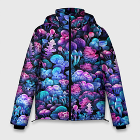 Мужская зимняя куртка 3D с принтом Волшебные грибы в Белгороде, верх — 100% полиэстер; подкладка — 100% полиэстер; утеплитель — 100% полиэстер | длина ниже бедра, свободный силуэт Оверсайз. Есть воротник-стойка, отстегивающийся капюшон и ветрозащитная планка. 

Боковые карманы с листочкой на кнопках и внутренний карман на молнии. | Тематика изображения на принте: neon | гриб | грибник | грибочки | магия | мистика | мухомор | паттерн | поганки | психоделика | психоделический | свет | сияние