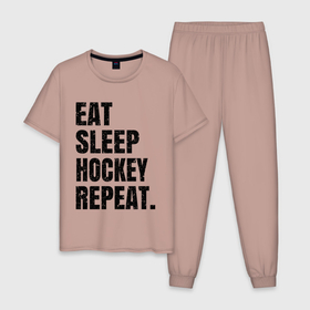 Мужская пижама хлопок с принтом EAT SLEEP HOCKEY REPEAT в Санкт-Петербурге, 100% хлопок | брюки и футболка прямого кроя, без карманов, на брюках мягкая резинка на поясе и по низу штанин
 | boston | bruins | capitals | detroit | eat | eat sleep hockey repeat | hockey | nhl | penguins | pittsburgh | red wings | repeat | sleep | washington | вашингтон кэпиталз | нхл | питтсбург пингвинз | хокей | хоккей