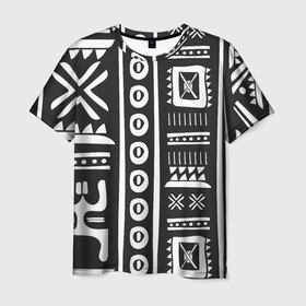 Мужская футболка 3D с принтом Этнический узор в Петрозаводске, 100% полиэфир | прямой крой, круглый вырез горловины, длина до линии бедер | ацтеки | индийский | народный | узор | черно белый | этника | этнический | этно