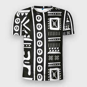 Мужская футболка 3D Slim с принтом Этнический узор в Екатеринбурге, 100% полиэстер с улучшенными характеристиками | приталенный силуэт, круглая горловина, широкие плечи, сужается к линии бедра | ацтеки | индийский | народный | узор | черно белый | этника | этнический | этно