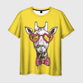 Мужская футболка 3D с принтом Жираф в Санкт-Петербурге, 100% полиэфир | прямой крой, круглый вырез горловины, длина до линии бедер | бабочка | винтаж | графика | жираф | очки | ретро | рисунок | сердечки | хипстер