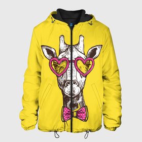 Мужская куртка 3D с принтом Жираф в Новосибирске, ткань верха — 100% полиэстер, подклад — флис | прямой крой, подол и капюшон оформлены резинкой с фиксаторами, два кармана без застежек по бокам, один большой потайной карман на груди. Карман на груди застегивается на липучку | бабочка | винтаж | графика | жираф | очки | ретро | рисунок | сердечки | хипстер