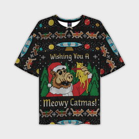 Мужская футболка OVERSIZE 3D с принтом Wishing you a meowy catmas в Тюмени,  |  | 2020 | 2021 | christmas | happy | merry | new year | santa | sweater | ugly christmas | альф | зима | котик | новогодний | новогодняя | новый год | рождественский | рождественский свитер | рождество | санта | свитер | снег