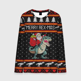 Мужской лонгслив 3D с принтом Merry Rex-mas в Тюмени, 100% полиэстер | длинные рукава, круглый вырез горловины, полуприлегающий силуэт | Тематика изображения на принте: 2020 | 2021 | christmas | dino | happy | merry | new year | rex | santa | sweater | t rex | ugly christmas | динозавр | зима | новогодний | новогодняя | новый год | рождественский | рождественский свитер | рождество | санта | свитер | снег